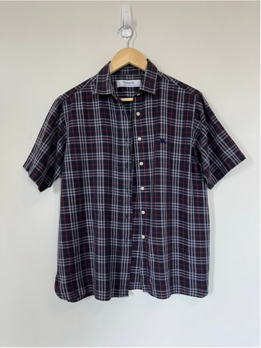 Burberry London Plaid Casual Button Down Short Sleeve Shirt Navy Red Tartan